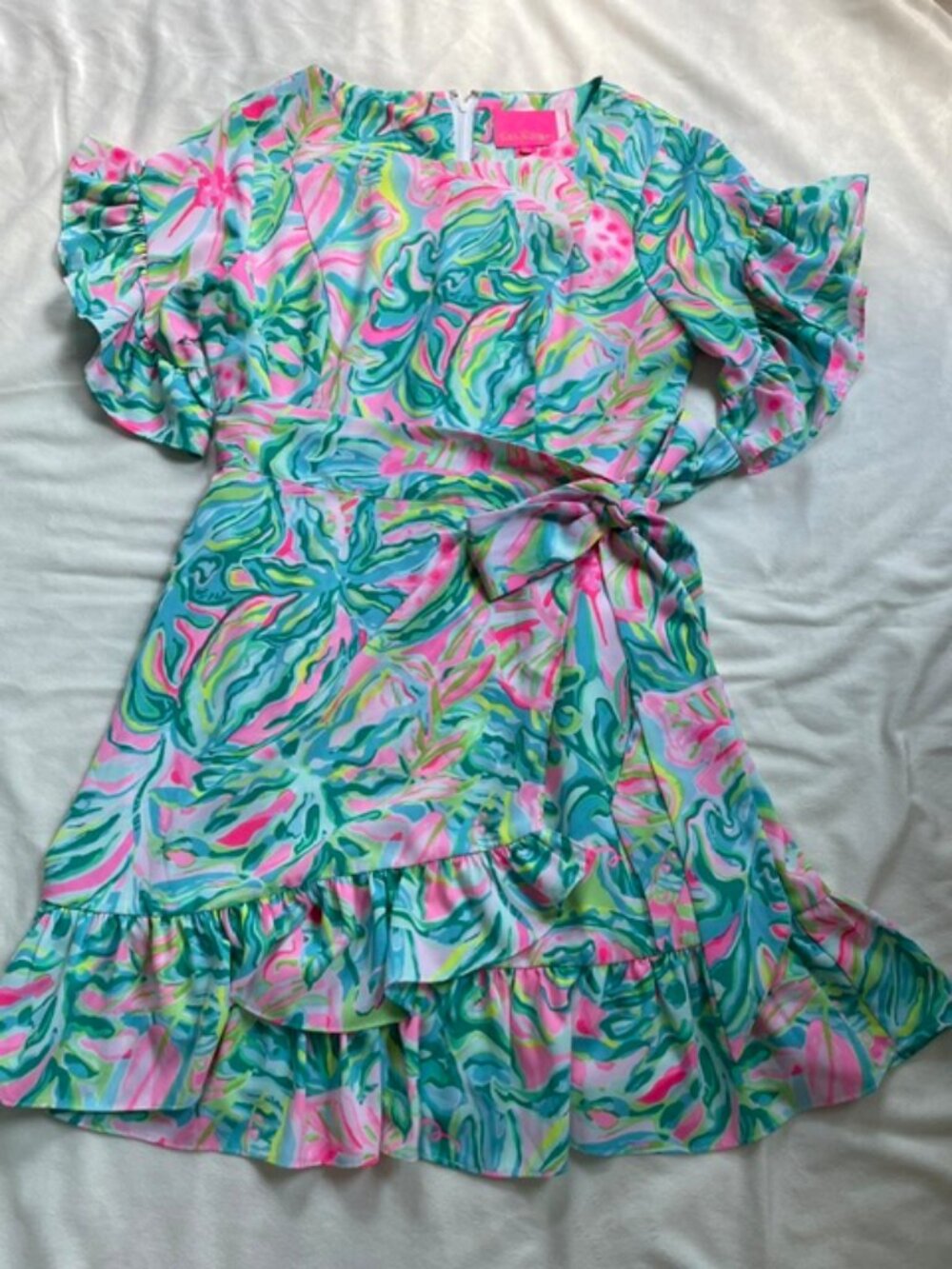 Lilly Pulitzer Women's Ruffle Wrap Bow Tie Knee Length Dress, Green, Size 6